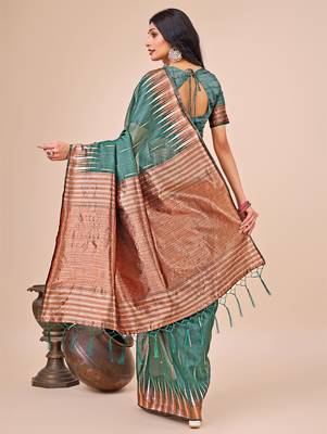green linen cotton with jacquard work and zari weaving saree with blouse 4