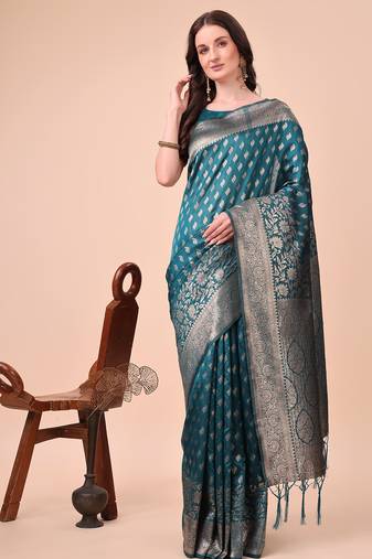 turquoise lichi art silk with woven zari work saree with blouse