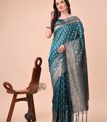 turquoise lichi art silk with woven zari work saree with blouse