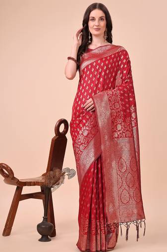 red lichi art silk with woven zari work saree with blouse