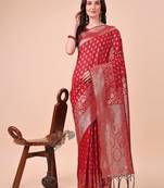 red lichi art silk with woven zari work saree with blouse