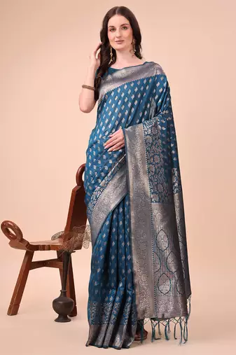 blue lichi art silk with woven zari work saree with blouse