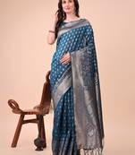 blue lichi art silk with woven zari work saree with blouse
