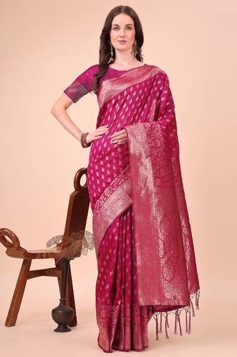 magenta lichi art silk with woven zari work saree with blouse