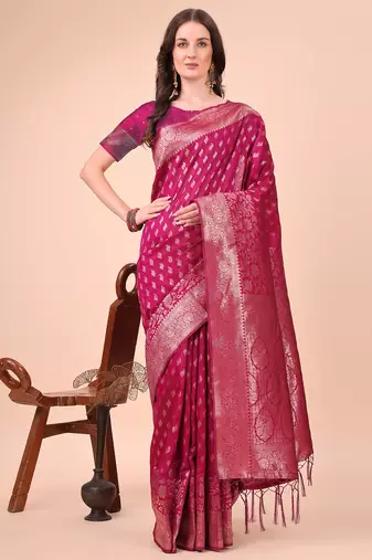 magenta lichi art silk with woven zari work saree with blouse