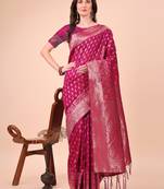 magenta lichi art silk with woven zari work saree with blouse