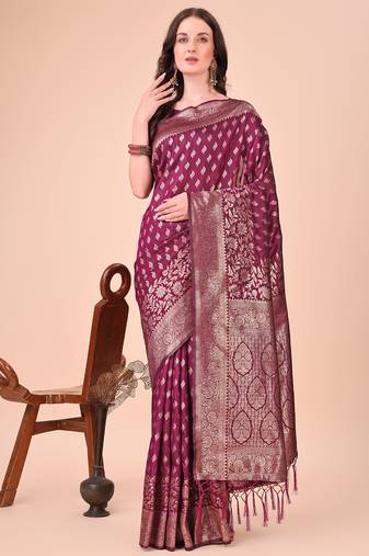 purple lichi art silk with woven zari work saree with blouse