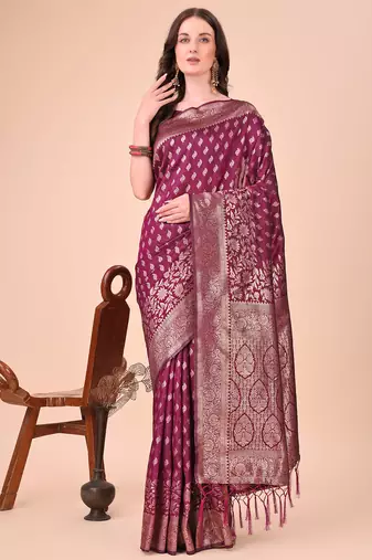 purple lichi art silk with woven zari work saree with blouse