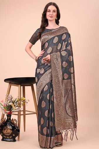black cotton fabric with with jacquard work and zari weaving saree with blouse