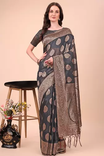 black cotton fabric with with jacquard work and zari weaving saree with blouse