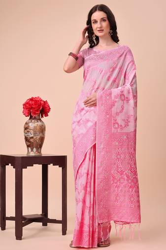 pink cotton fabric with with jacquard work and zari weaving saree with blouse