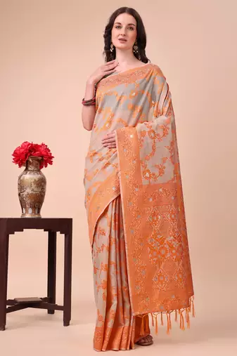 orange cotton fabric with with jacquard work and zari weaving saree with blouse