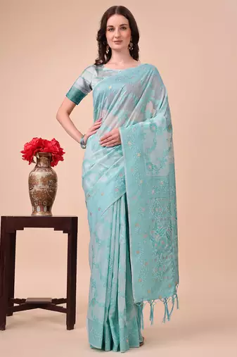 sky blue cotton fabric with with jacquard work and zari weaving saree with blouse