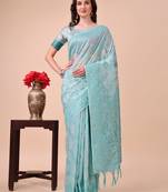 sky blue cotton fabric with with jacquard work and zari weaving saree with blouse