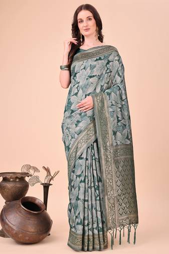 green cotton fabric with with jacquard work and zari weaving saree with blouse