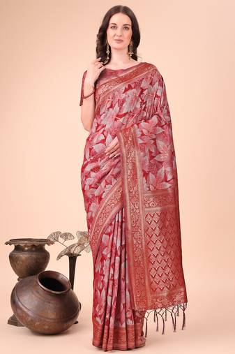 red cotton fabric with with jacquard work and zari weaving saree with blouse
