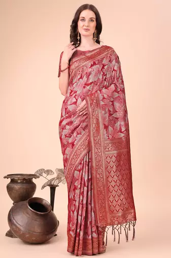 red cotton fabric with with jacquard work and zari weaving saree with blouse