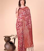 red cotton fabric with with jacquard work and zari weaving saree with blouse