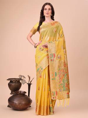yellow linen cotton with jacquard work and zari weaving saree with blouse 1