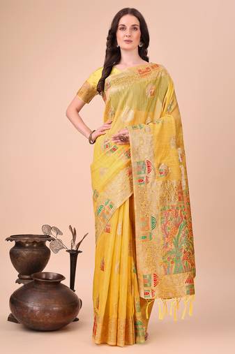 yellow linen cotton with jacquard work and zari weaving saree with blouse
