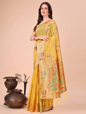 yellow linen cotton with jacquard work and zari weaving saree with blouse 2