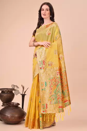 yellow linen cotton with jacquard work and zari weaving saree with blouse