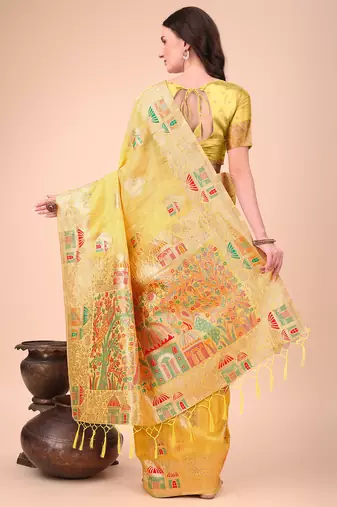 yellow linen cotton with jacquard work and zari weaving saree with blouse