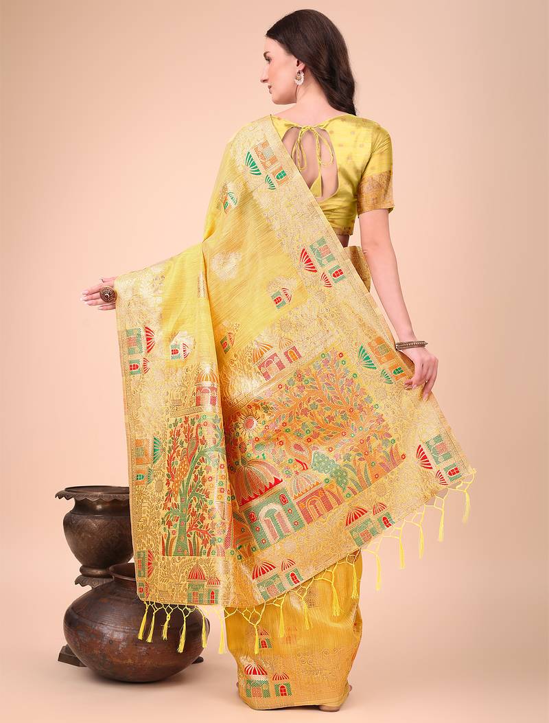 yellow linen cotton with jacquard work and zari weaving saree with blouse