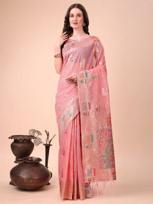 pink linen cotton with jacquard work and zari weaving saree with blouse 1