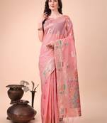 pink linen cotton with jacquard work and zari weaving saree with blouse