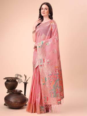 pink linen cotton with jacquard work and zari weaving saree with blouse 2