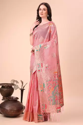 pink linen cotton with jacquard work and zari weaving saree with blouse