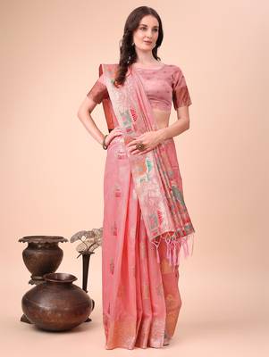 pink linen cotton with jacquard work and zari weaving saree with blouse 3