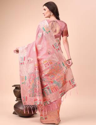 pink linen cotton with jacquard work and zari weaving saree with blouse 4