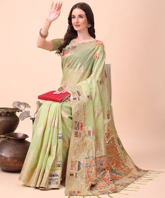 light green linen cotton with jacquard work and zari weaving saree with blouse 2
