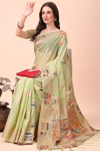 light green linen cotton with jacquard work and zari weaving saree with blouse