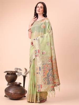 light green linen cotton with jacquard work and zari weaving saree with blouse 3