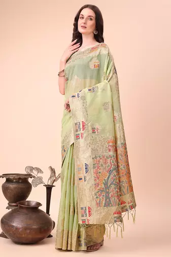 light green linen cotton with jacquard work and zari weaving saree with blouse