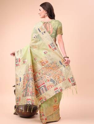 light green linen cotton with jacquard work and zari weaving saree with blouse 4