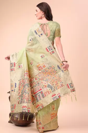 light green linen cotton with jacquard work and zari weaving saree with blouse
