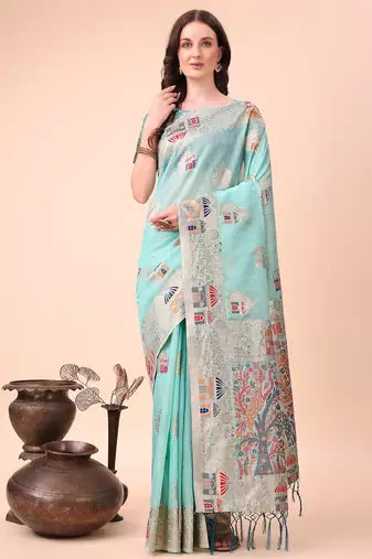sky blue linen cotton with jacquard work and zari weaving saree with blouse
