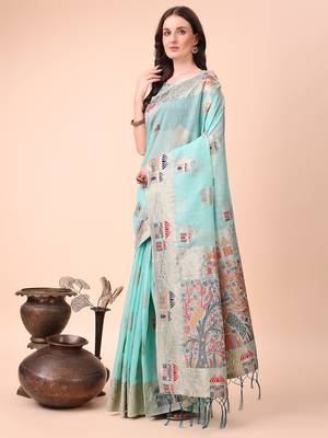 sky blue linen cotton with jacquard work and zari weaving saree with blouse 2