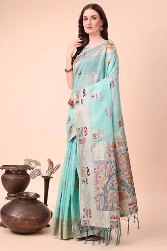 sky blue linen cotton with jacquard work and zari weaving saree with blouse