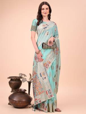 sky blue linen cotton with jacquard work and zari weaving saree with blouse 3