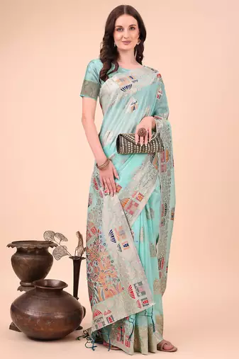 sky blue linen cotton with jacquard work and zari weaving saree with blouse