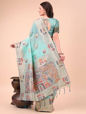 sky blue linen cotton with jacquard work and zari weaving saree with blouse 4