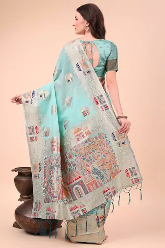 sky blue linen cotton with jacquard work and zari weaving saree with blouse