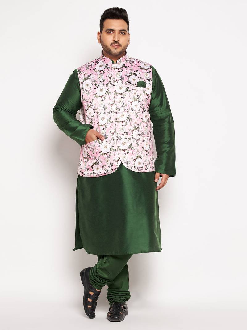 green and pink viscose blend jacket kurta pyjama set