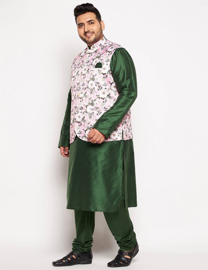 green and pink viscose blend jacket kurta pyjama set