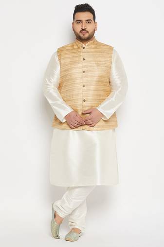 beige and cream silk blend jacket, kurta and pyjama set